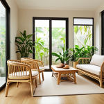 **Modern Vietnamese Living Space Infused with Nature:** A bright and airy interior design scene showcasing a harmonious blend of traditional Vietnamese natural materials and modern minimalist aesthetics. Feature light-toned natural wood furniture (e.g., oak or ash), elegantly woven bamboo and rattan accents (like a lounge chair or pendant lights), and subtle ceramic decorative elements. Large windows invite abundant natural light, illuminating lush indoor plants that bring the outdoors in. The color palette is dominated by warm earthy tones, soft whites, and natural greens, creating a serene and inviting atmosphere. The space feels open and connected to nature, reflecting tranquility and comfort.