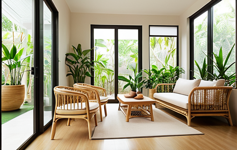 **Modern Vietnamese Living Space Infused with Nature:** A bright and airy interior design scene showcasing a harmonious blend of traditional Vietnamese natural materials and modern minimalist aesthetics. Feature light-toned natural wood furniture (e.g., oak or ash), elegantly woven bamboo and rattan accents (like a lounge chair or pendant lights), and subtle ceramic decorative elements. Large windows invite abundant natural light, illuminating lush indoor plants that bring the outdoors in. The color palette is dominated by warm earthy tones, soft whites, and natural greens, creating a serene and inviting atmosphere. The space feels open and connected to nature, reflecting tranquility and comfort.