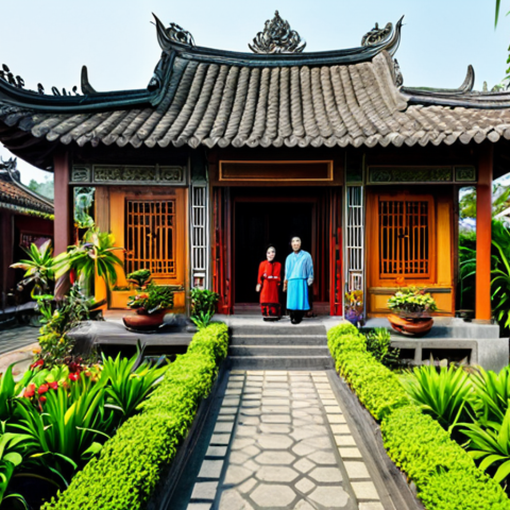 **

"A meticulously restored traditional Vietnamese house with intricate wooden carvings, surrounded by a lush garden with various plants and flowers, fully clothed family enjoying the serene atmosphere, showcasing Vietnamese cultural heritage, safe for work, appropriate content, perfect anatomy, correct proportions, natural pose, high-resolution photography, professional, modest, family-friendly."

**