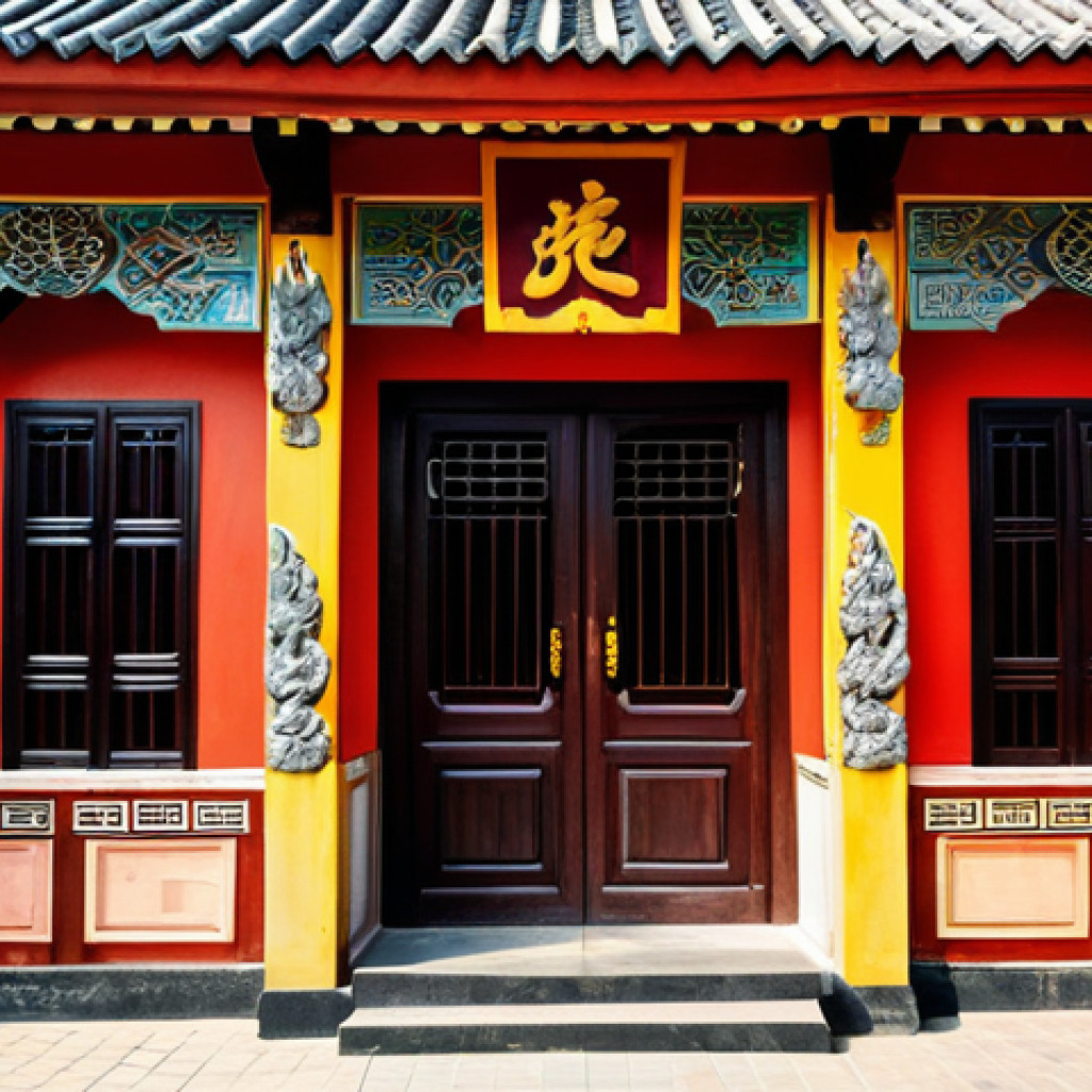 **

A traditional Vietnamese house exterior, featuring a curved tiled roof adorned with dragon and phoenix motifs, intricate wood carvings of leaves, red and yellow painted walls, multiple wooden doors and windows, a family altar visible inside. Exterior shot during daytime, bright sunlight, safe for work, appropriate content, fully clothed, professional, modest, perfect anatomy, natural proportions, well-formed hands, proper finger count, natural body proportions.

**