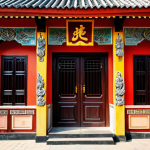 **

A traditional Vietnamese house exterior, featuring a curved tiled roof adorned with dragon and phoenix motifs, intricate wood carvings of leaves, red and yellow painted walls, multiple wooden doors and windows, a family altar visible inside. Exterior shot during daytime, bright sunlight, safe for work, appropriate content, fully clothed, professional, modest, perfect anatomy, natural proportions, well-formed hands, proper finger count, natural body proportions.

**