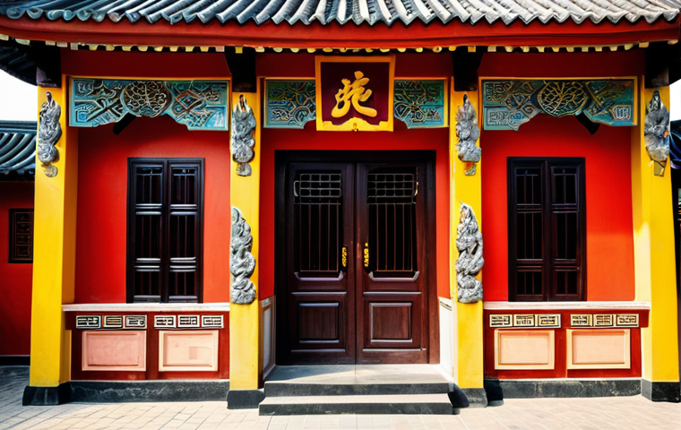 **

A traditional Vietnamese house exterior, featuring a curved tiled roof adorned with dragon and phoenix motifs, intricate wood carvings of leaves, red and yellow painted walls, multiple wooden doors and windows, a family altar visible inside. Exterior shot during daytime, bright sunlight, safe for work, appropriate content, fully clothed, professional, modest, perfect anatomy, natural proportions, well-formed hands, proper finger count, natural body proportions.

**