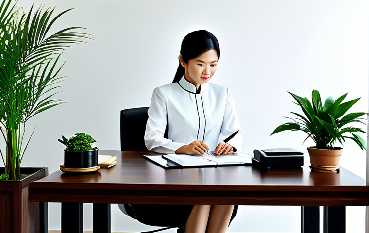 Professional Home Office Setup**

"A professional businesswoman in a modest ao dai, working at a desk in a modern Vietnamese-style home office, fully clothed, appropriate attire, safe for work, perfect anatomy, natural proportions, professional photography, high quality. Include plants like bonsai or areca palm."

**
