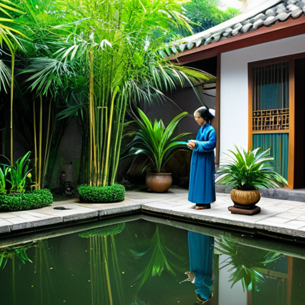 전통주택에서의 식물과 원예 - Traditional Courtyard Garden**

"A serene Vietnamese courtyard garden, filled with lush greenery, a ...