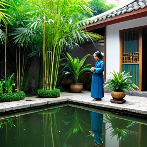 전통주택에서의 식물과 원예 - Traditional Courtyard Garden**

"A serene Vietnamese courtyard garden, filled with lush greenery, a ...