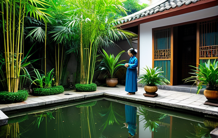 전통주택에서의 식물과 원예 - Traditional Courtyard Garden**

"A serene Vietnamese courtyard garden, filled with lush greenery, a ...