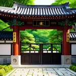 한옥에서의 대문과 마당 - Traditional Elegance**

"A meticulously crafted wooden Hanok gate, featuring intricate carvings of l...