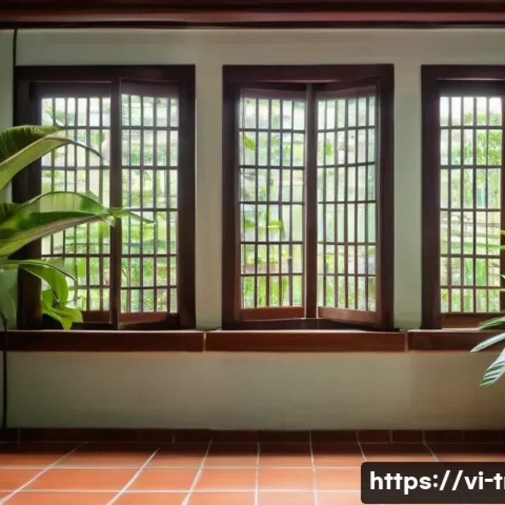 전통주택의 통풍 시스템 - A traditional Vietnamese house interior featuring large opposing windows with adjustable wooden shut...