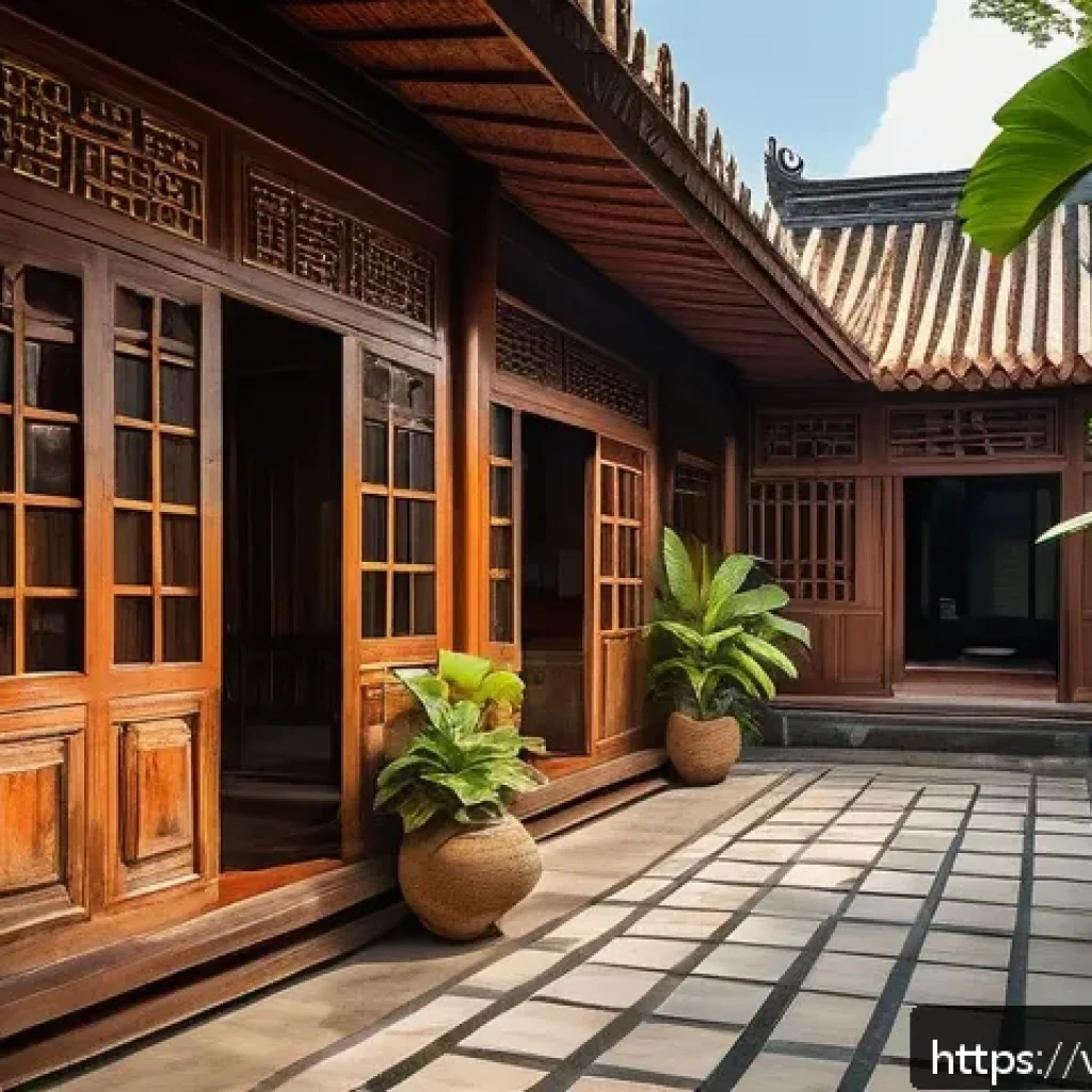 전통주택의 실용적 측면 - A traditional Vietnamese wooden house with an open courtyard and spacious veranda, surrounded by lus...