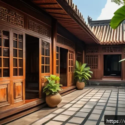 Home 33 전통주택의 실용적 측면 - A traditional Vietnamese wooden house with an open courtyard and spacious veranda, surrounded by lus...