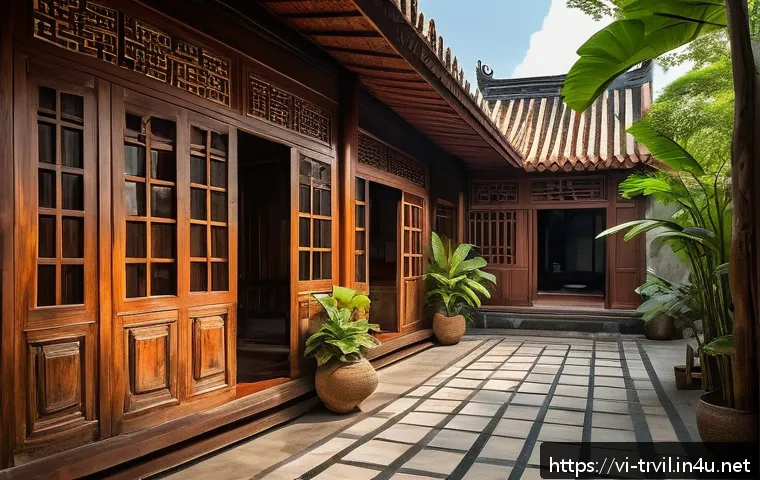 전통주택의 실용적 측면 - A traditional Vietnamese wooden house with an open courtyard and spacious veranda, surrounded by lus...
