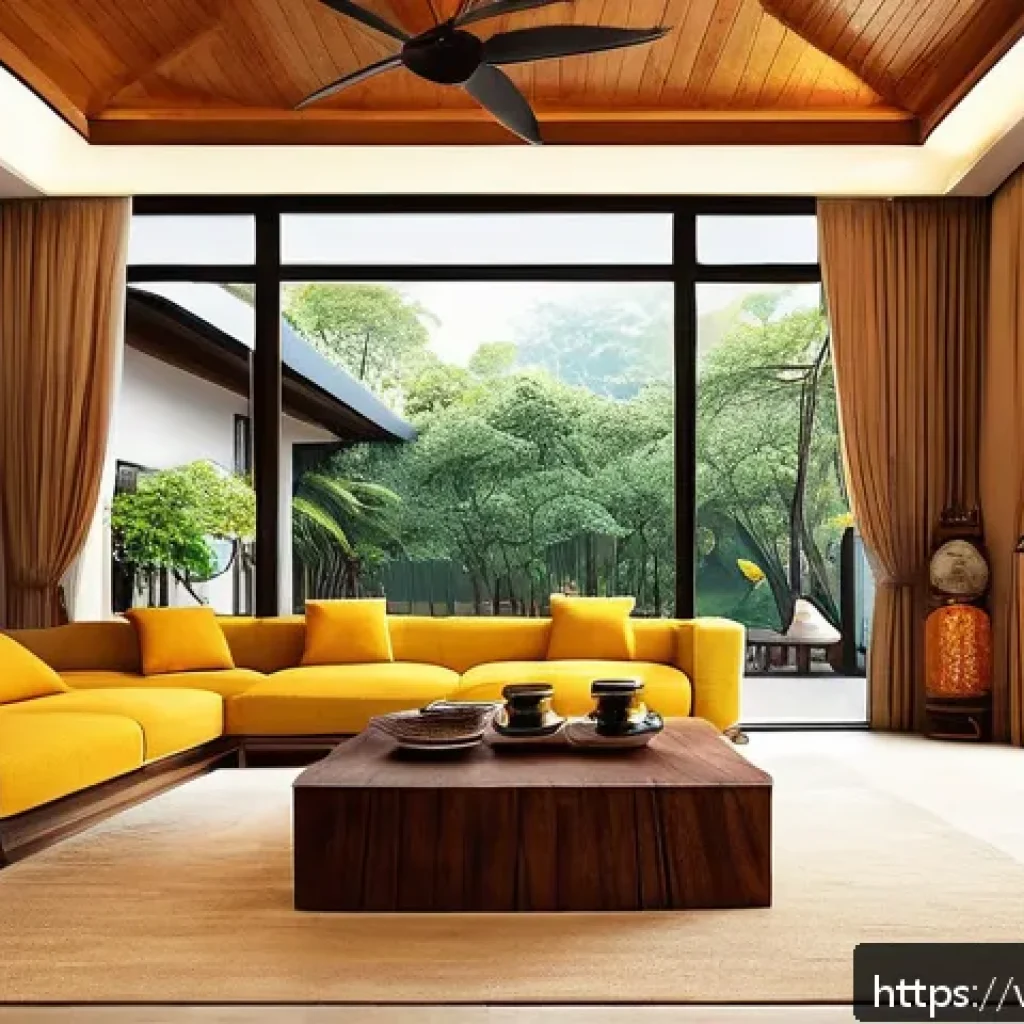 전통주택 설계 단계 - A modern Vietnamese living room blending traditional and contemporary design: natural warm-toned woo...