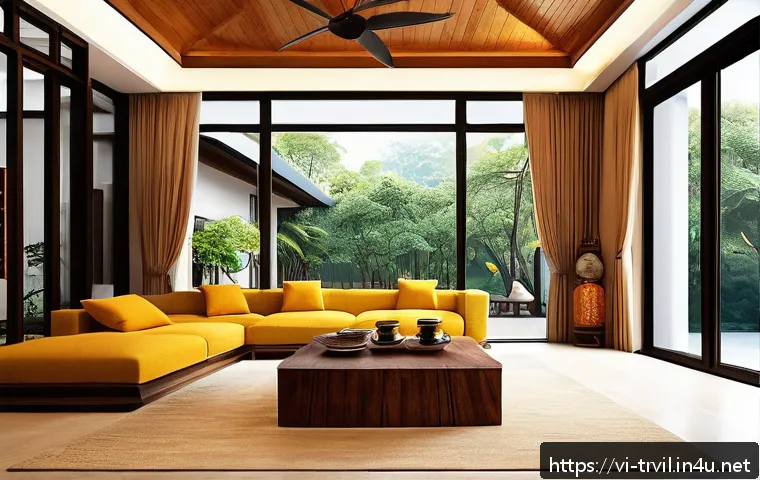 전통주택 설계 단계 - A modern Vietnamese living room blending traditional and contemporary design: natural warm-toned woo...