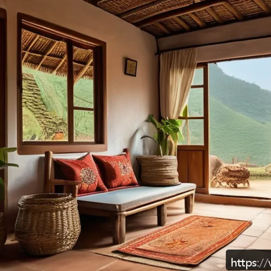 전통 주택의 온돌 - Traditional Vietnamese rural house interior during winter, featuring thick clay walls, terracotta ti...