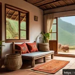 Home 23 전통 주택의 온돌 - Traditional Vietnamese rural house interior during winter, featuring thick clay walls, terracotta ti...