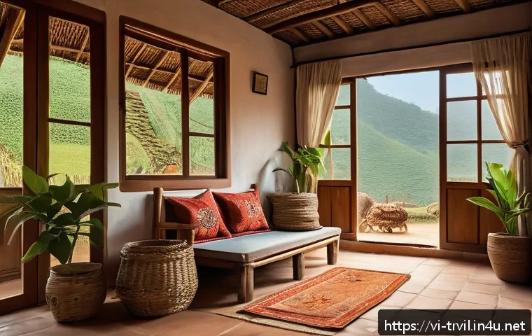 전통 주택의 온돌 - Traditional Vietnamese rural house interior during winter, featuring thick clay walls, terracotta ti...