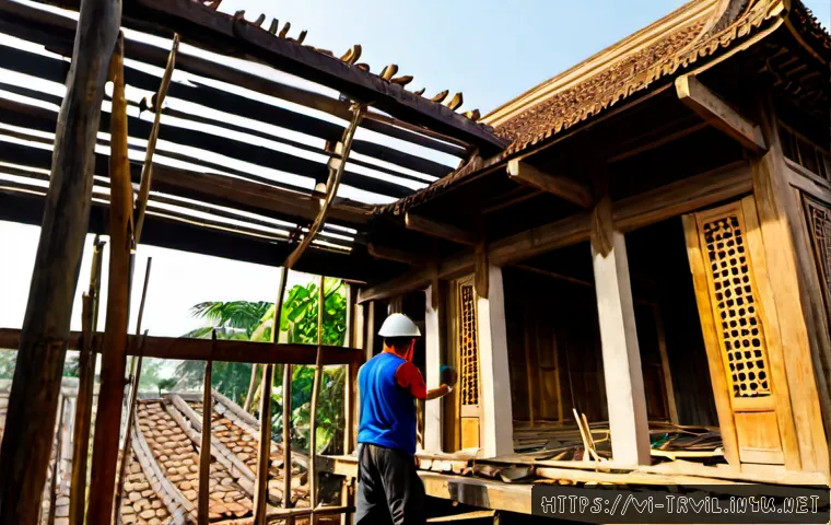 전통주택 리모델링 주의사항 - Photorealistic Vietnamese traditional wooden ancestral house undergoing careful renovation, experien...