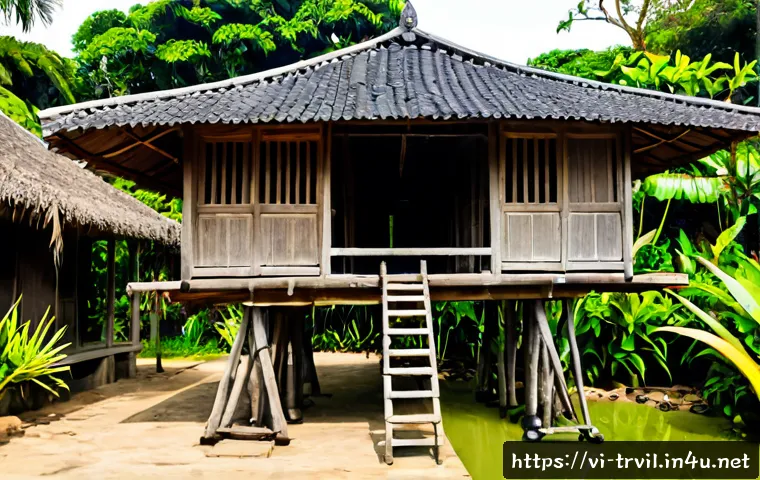 Home 30 전통주택 수리 - Photorealistic restoration of a traditional Vietnamese wooden stilt house in a rural village, skille...
