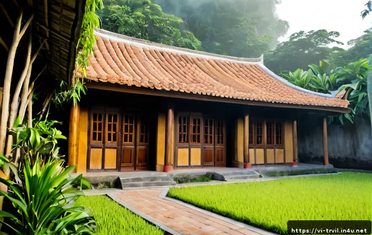 Home 17 전통주택의 색상과 디자인 - Photorealistic exterior of a traditional Vietnamese wooden house in a quiet northern village, rich d...