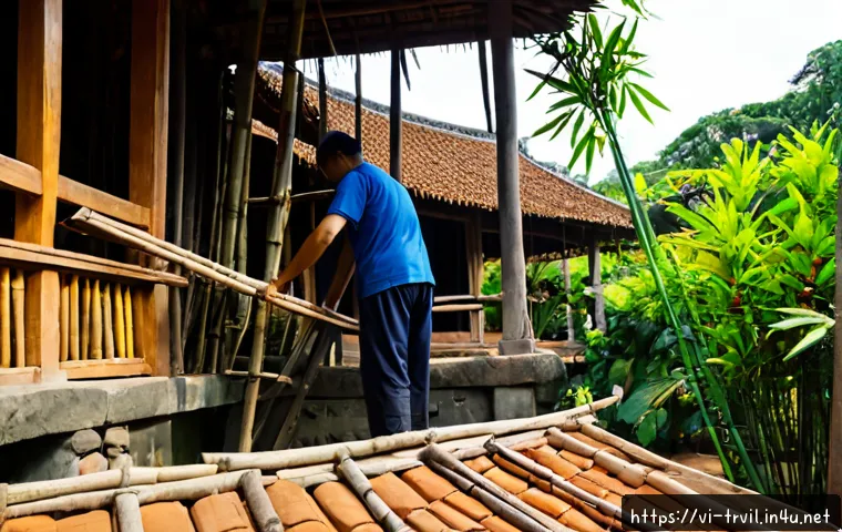 전통주택 보수 시 필수 체크리스트 - Photorealistic wide-angle view of a traditional Vietnamese wooden house undergoing careful restorati...