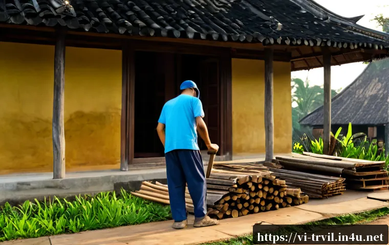 Home 17 전통주택의 보수 비용 - Photorealistic exterior of a traditional Vietnamese wooden house undergoing careful restoration, wea...