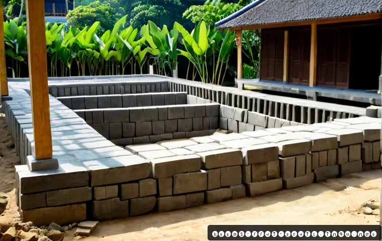 Home 17 한옥의 기초공사 - Photorealistic construction scene of a traditional Vietnamese wooden courtyard house foundation, ski...